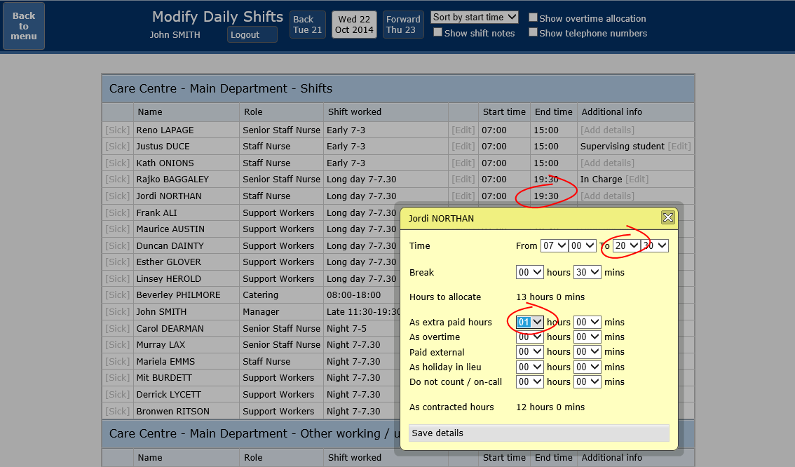 Modify Daily Shifts - extend a shift and adjust for overtime/extra pay