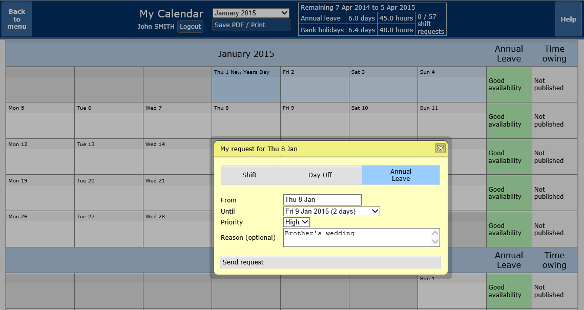 Personal Calendar - request annual leave