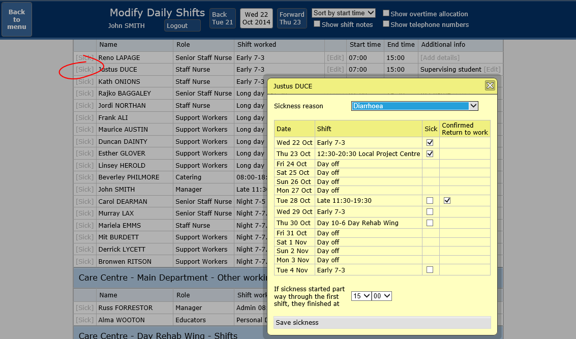 Modify Daily Shifts - mark somebody as sick