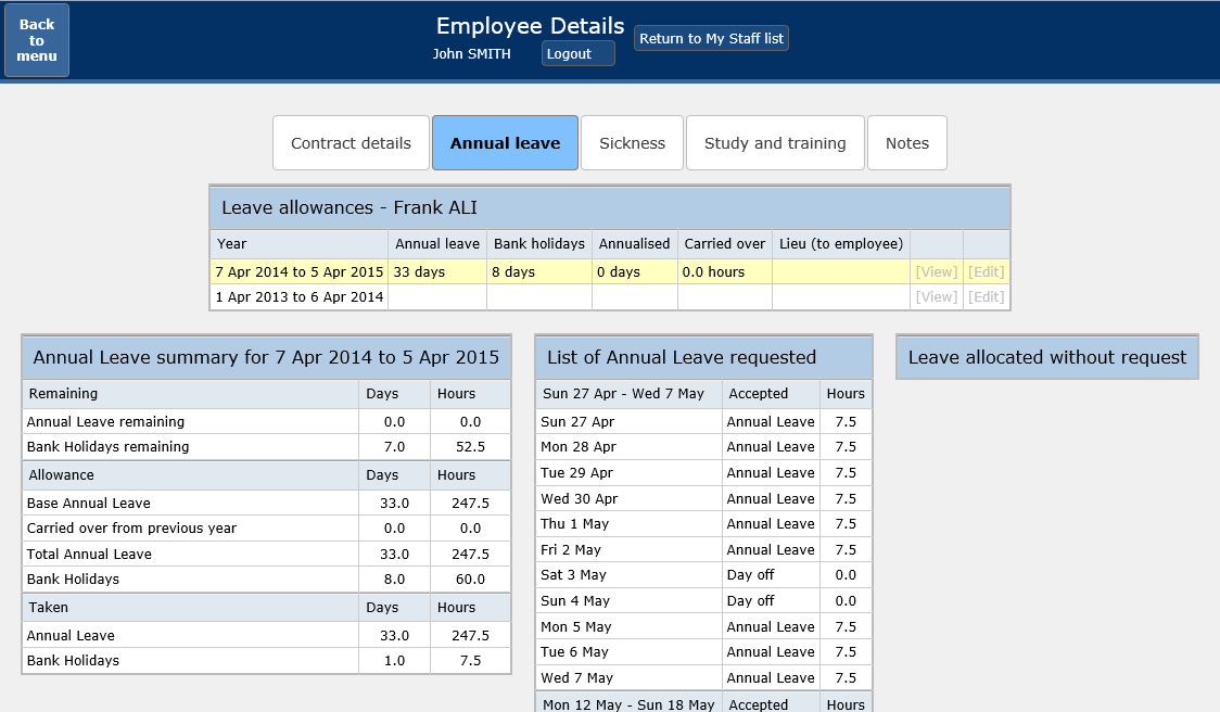 My staff - employee leave details