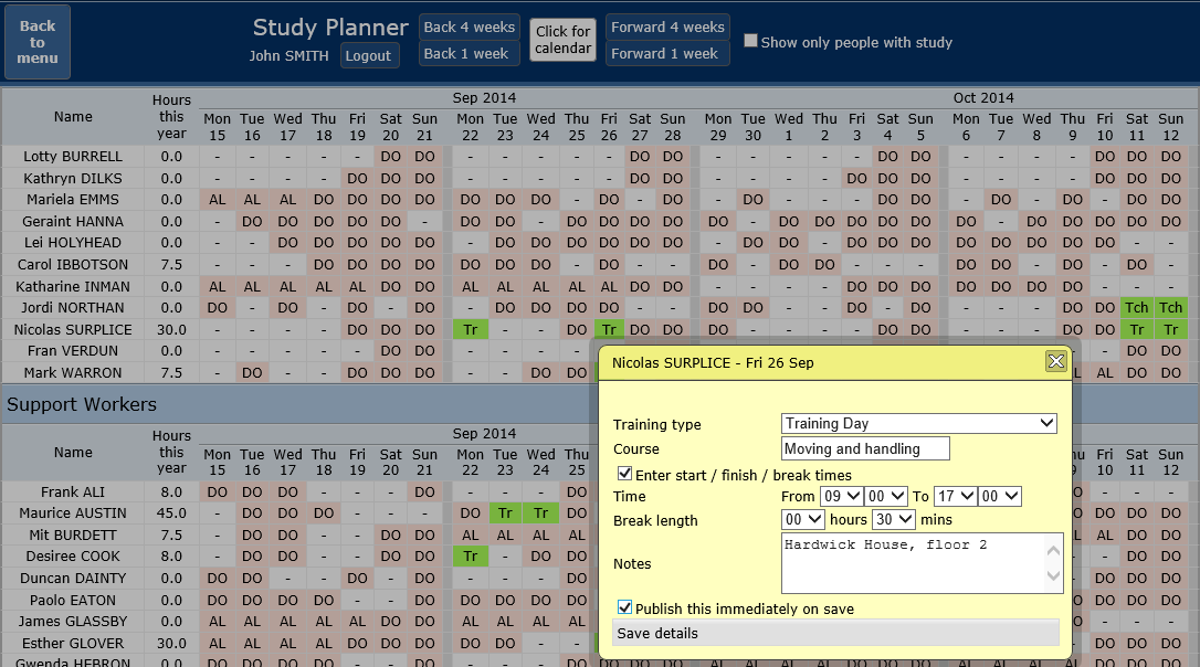 Study planner - plan future training straight on the rota